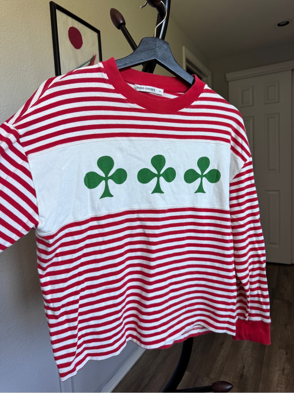 Bobo Choses Red & White Striped Long Sleeve Tee with Green Clover Print
